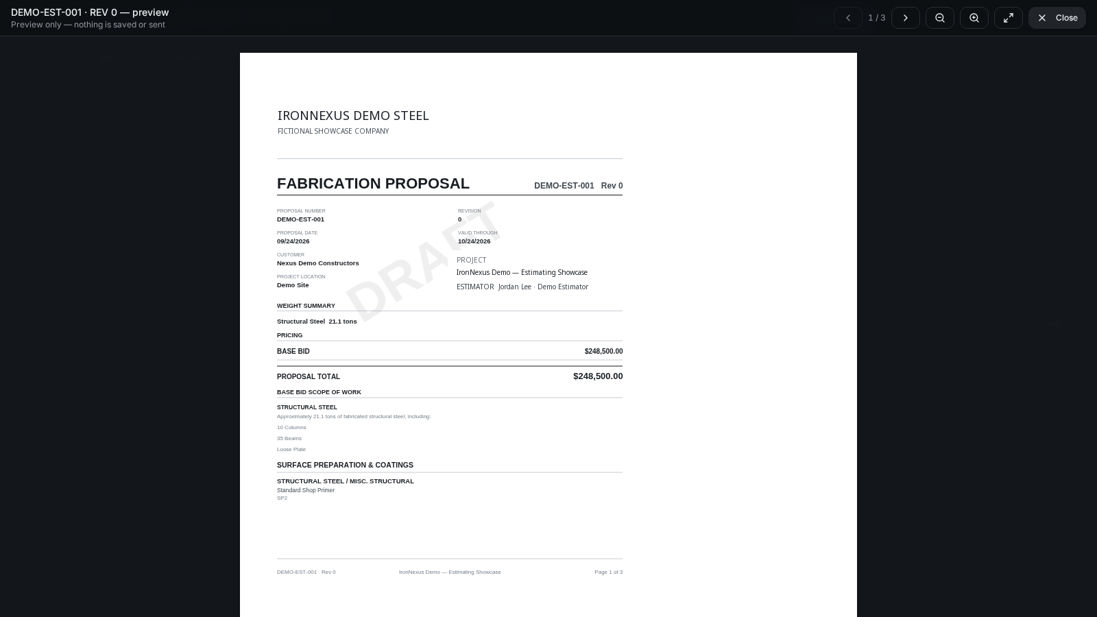 IronNexus customer proposal preview for a fictional structural steel estimate